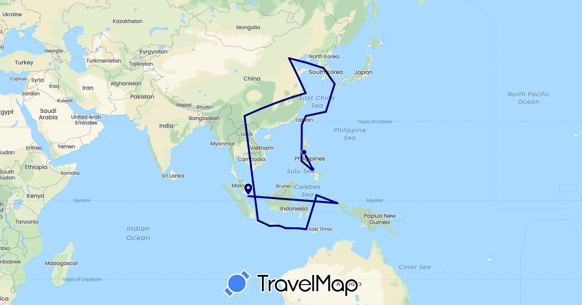 TravelMap itinerary: driving in China, Indonesia, Japan, South Korea, Philippines, Singapore, Taiwan (Asia)